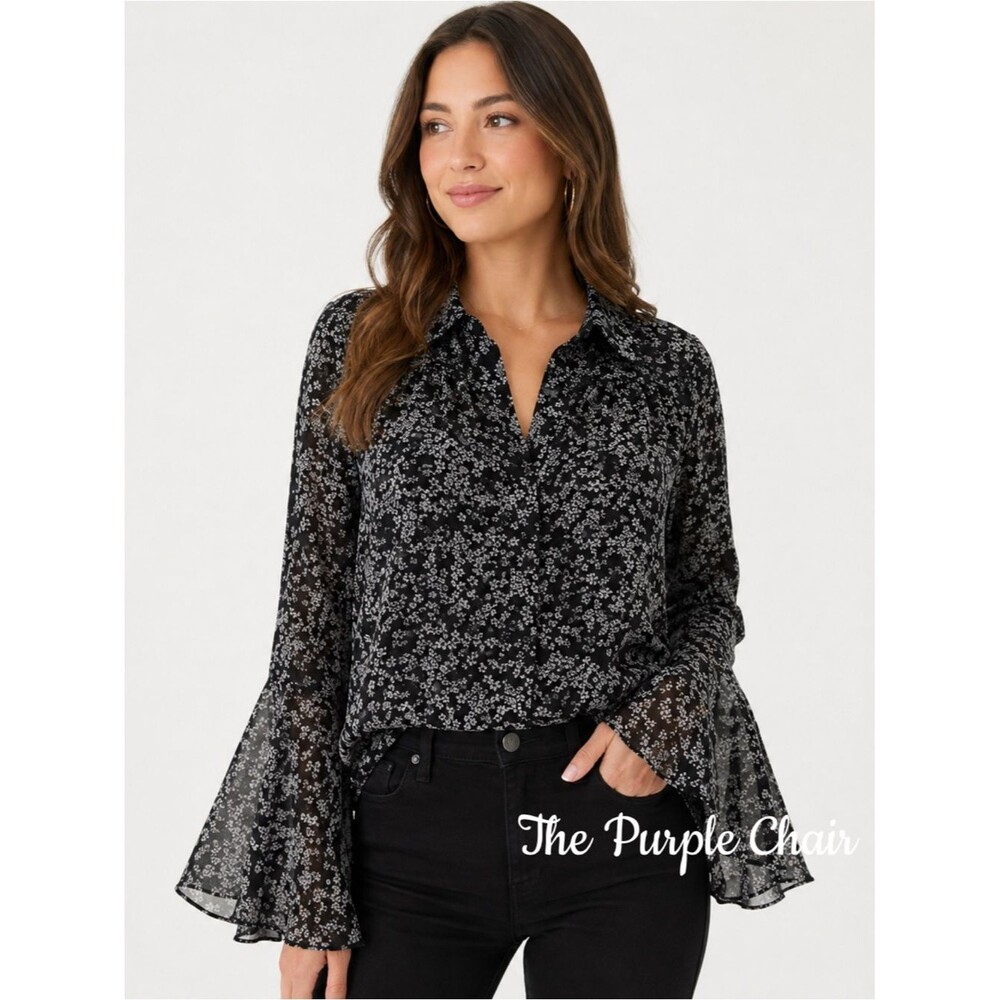 DRESS FORUM NWT Black/White Floral Long Flared Bell Sleeve Button Down Top L